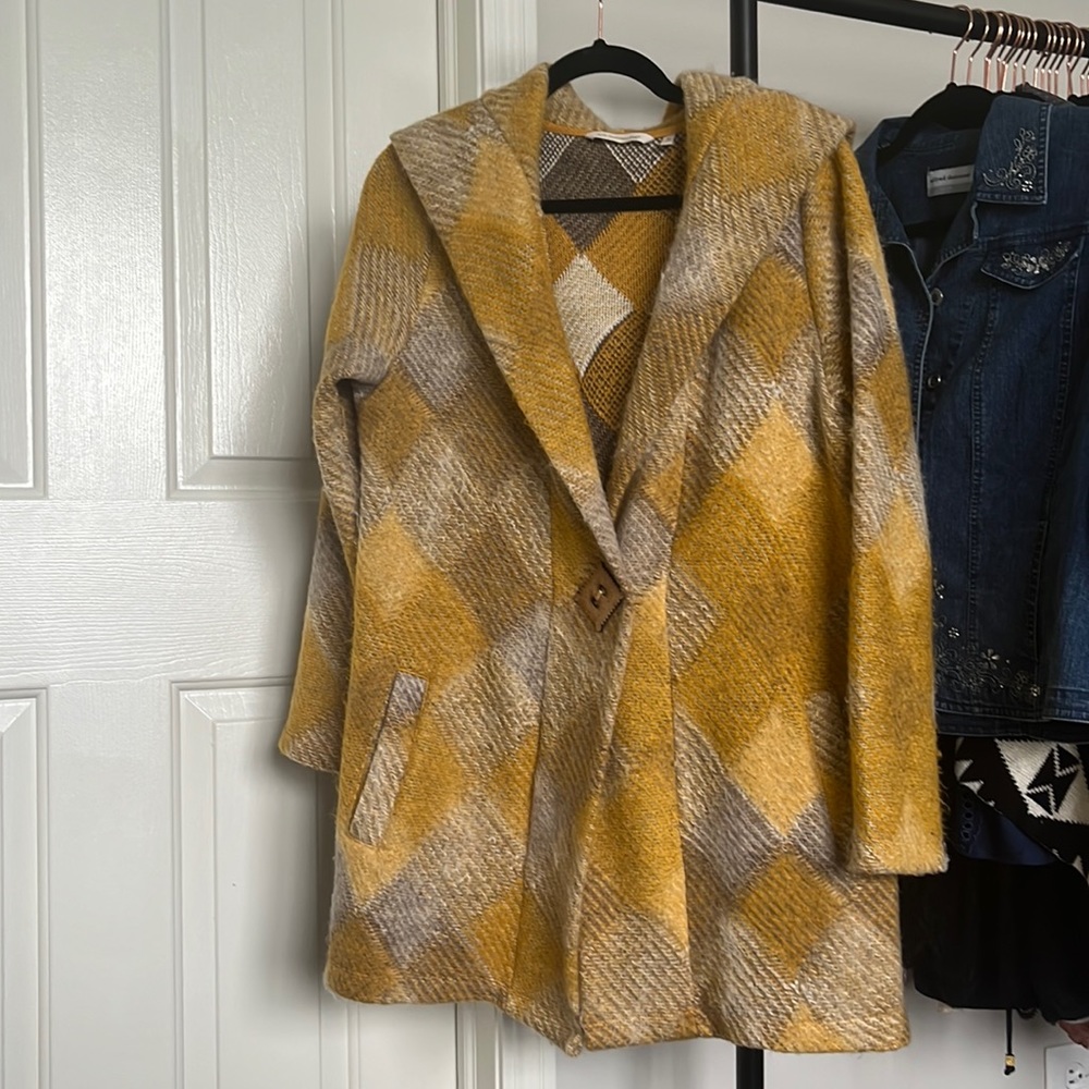 Soft Surroundings Plaid Sweater Hoodie Size M Mustard Yellow